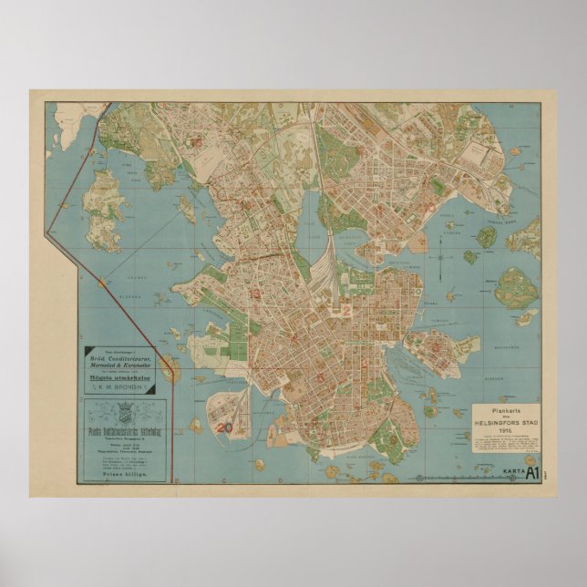 Póster Mapa de época de Helsinki Finlandia (1916) (Frente)