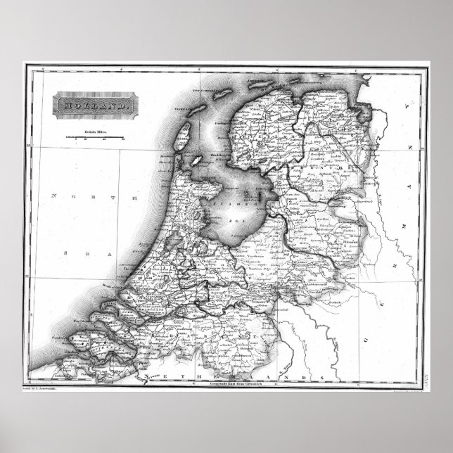 Póster Mapa de época de Holanda (1817) BW (Frente)