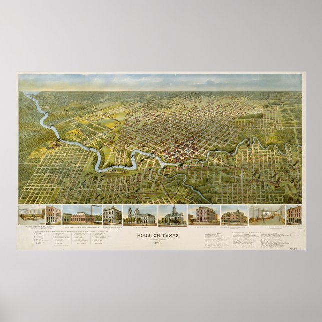 Póster Mapa de época de Houston Texas (1891) (Frente)