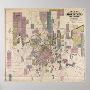 Póster Mapa de época de Houston Texas (1895)