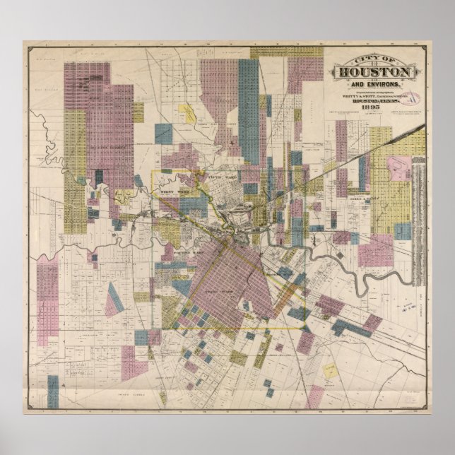 Póster Mapa de época de Houston Texas (1895) (Frente)
