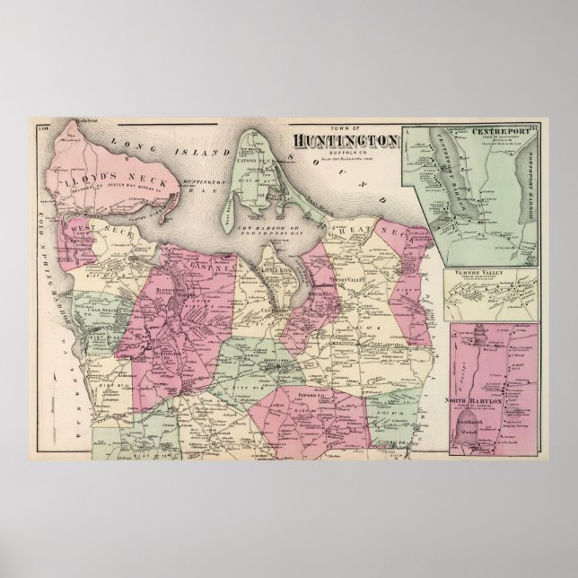 Póster Mapa de época de Huntington NY (1873) (Frente)