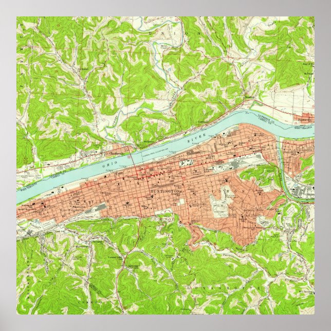 Póster Mapa de época de Huntington West Virginia (1957) (Frente)