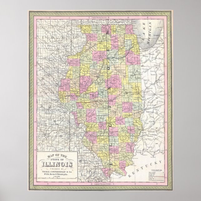 Póster Mapa de época de Illinois (1850) (Frente)