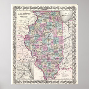 Póster Mapa de época de Illinois (1855)