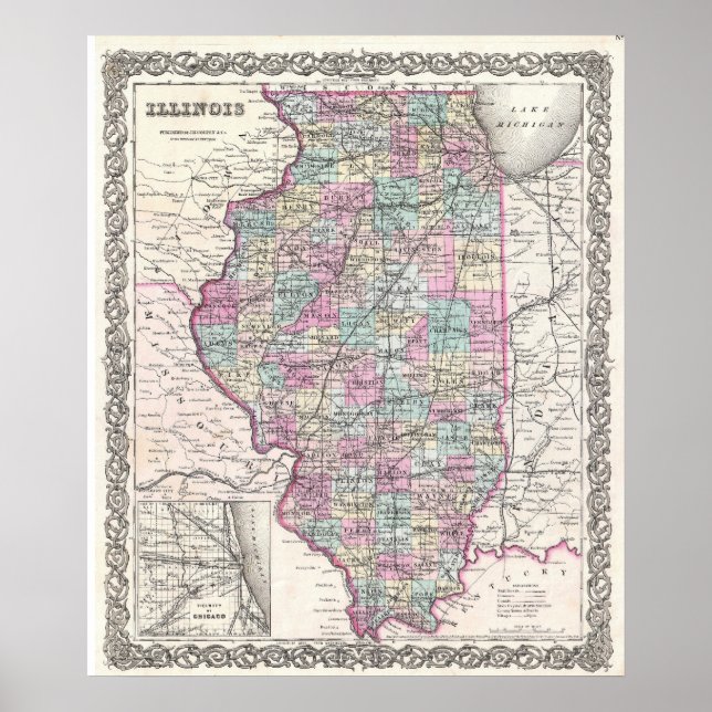 Póster Mapa de época de Illinois (1855) (Frente)