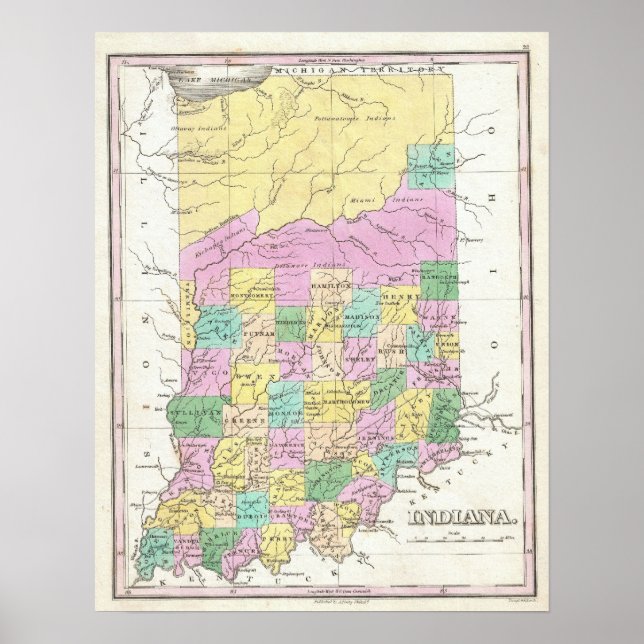 Póster Mapa de época de Indiana (1827) (Frente)