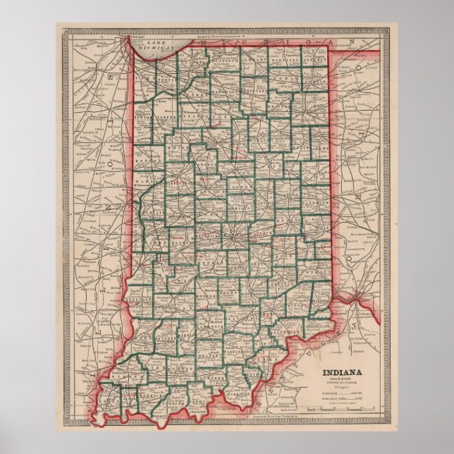 Póster Mapa de época de Indiana (1883) (Frente)