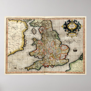 Póster Mapa de época de Inglaterra (1596)