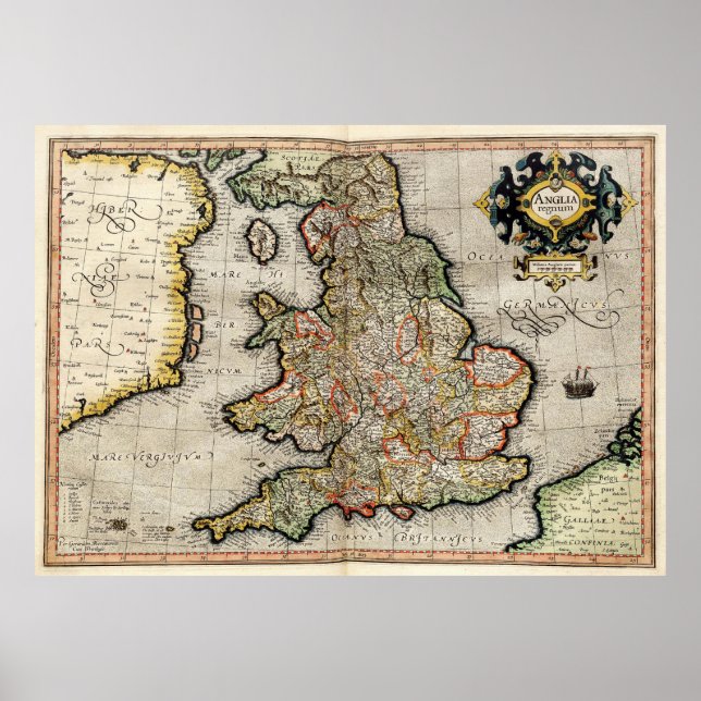 Póster Mapa de época de Inglaterra (1596) (Frente)