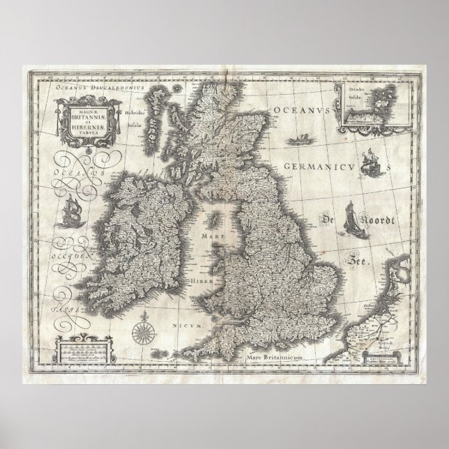 Póster Mapa de época de Inglaterra e Irlanda (1631) (Frente)