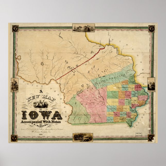 Póster Mapa de época de Iowa (1845) (Frente)