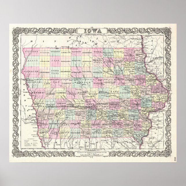 Póster Mapa de época de Iowa (1855) (Frente)