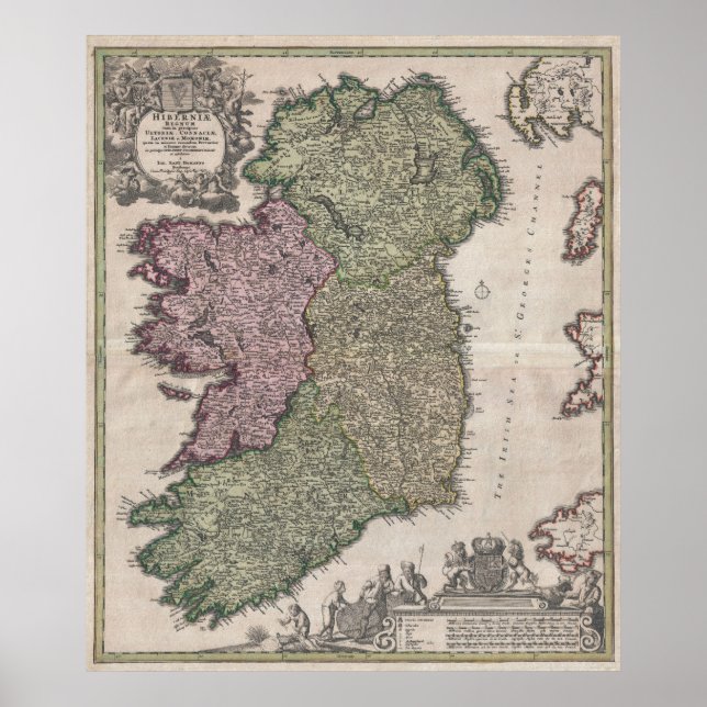 Póster Mapa de época de Irlanda (1716) (Frente)