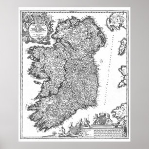 Póster Mapa de época de Irlanda (1716) BW
