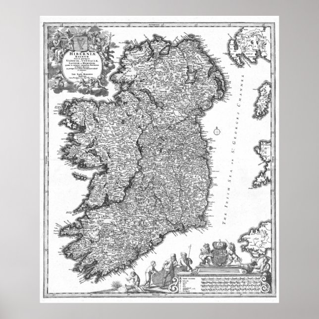 Póster Mapa de época de Irlanda (1716) BW (Frente)