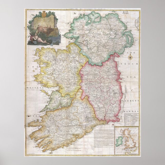 Póster Mapa de época de Irlanda (1794) (Frente)