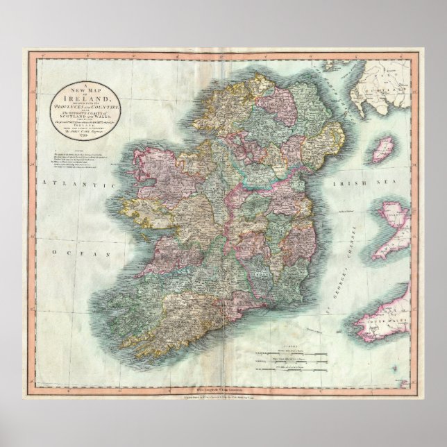 Póster Mapa de época de Irlanda (1799) (Frente)