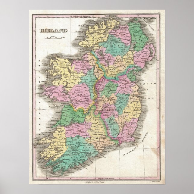 Póster Mapa de época de Irlanda (1827) (Frente)