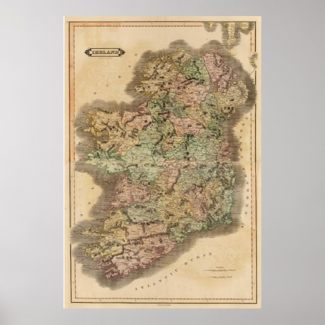 Póster Mapa de época de Irlanda (1831) (Frente)