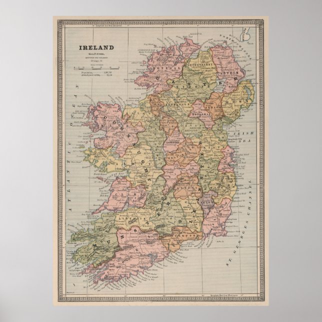 Póster Mapa de época de Irlanda (1883) (Frente)