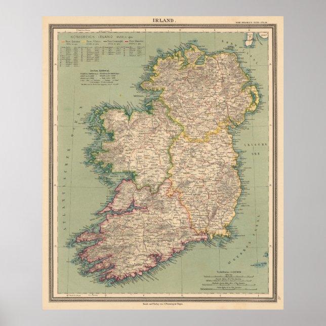 Póster Mapa de época de Irlanda (1888) (Frente)