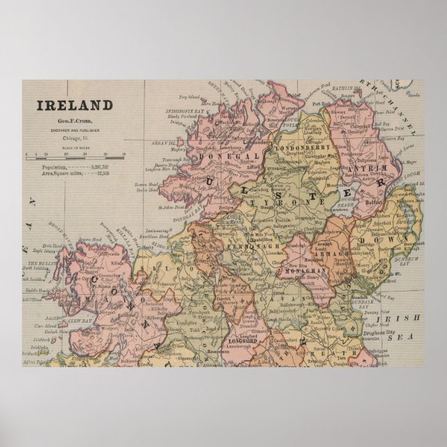 Póster Mapa de época de Irlanda del Norte (1883) (Frente)