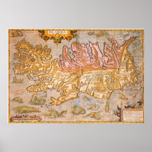 Póster Mapa de época de Islandia (1590) (Frente)