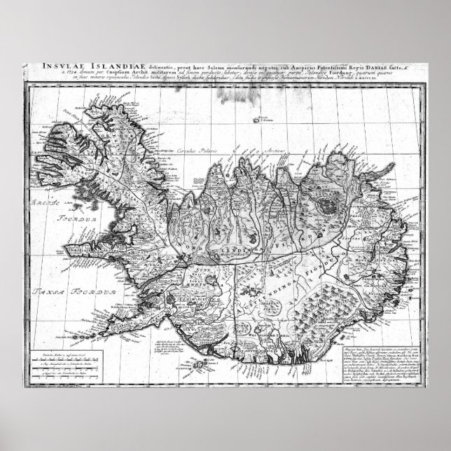 Póster Mapa de época de Islandia (1761) BW (Frente)
