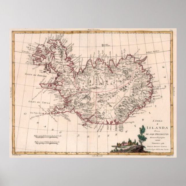 Póster Mapa de época de Islandia (1781) (Frente)