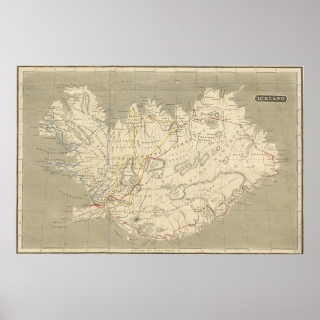 Póster Mapa de época de Islandia (1819) (Frente)