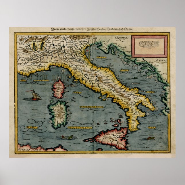 Póster Mapa de época de Italia (1588) (Frente)