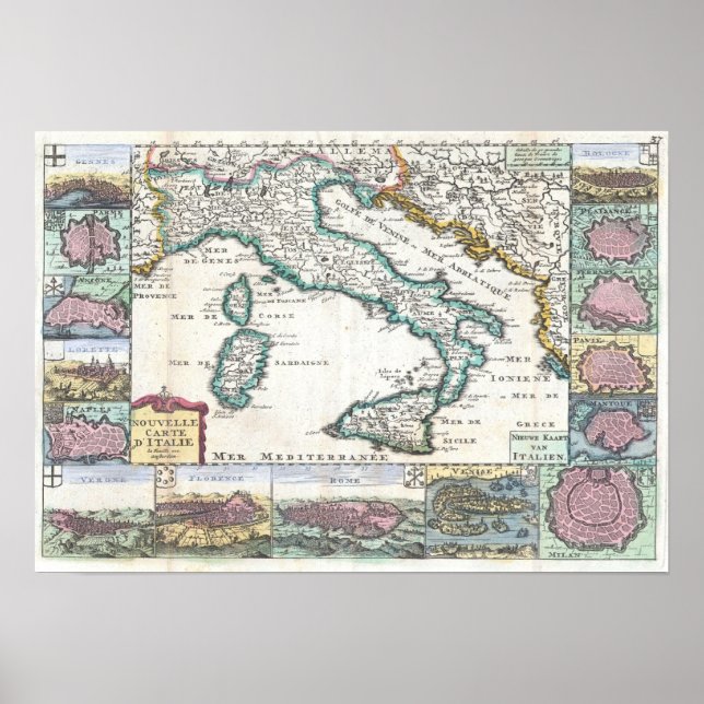 Póster Mapa de época de Italia (1706) (Frente)