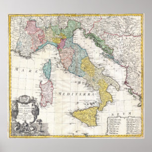Póster Mapa de época de Italia (1742)