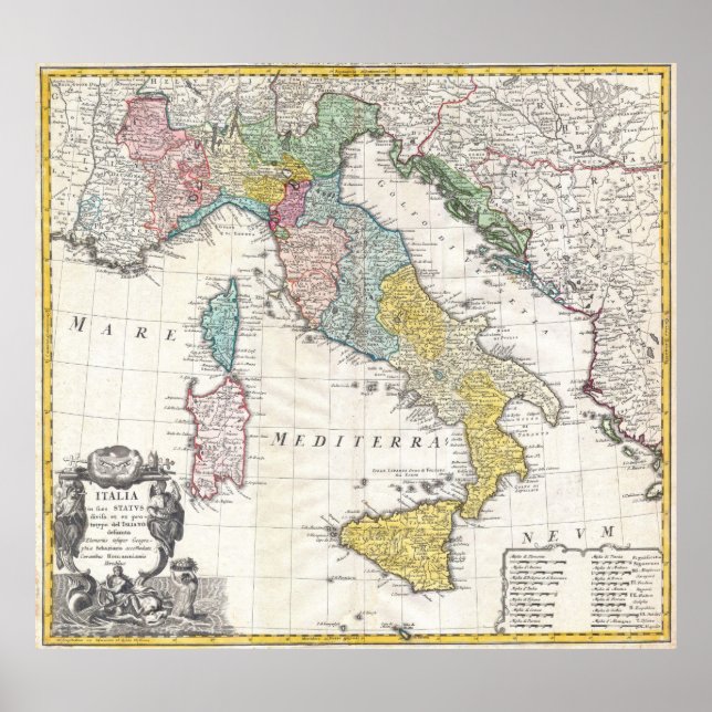Póster Mapa de época de Italia (1742) (Frente)