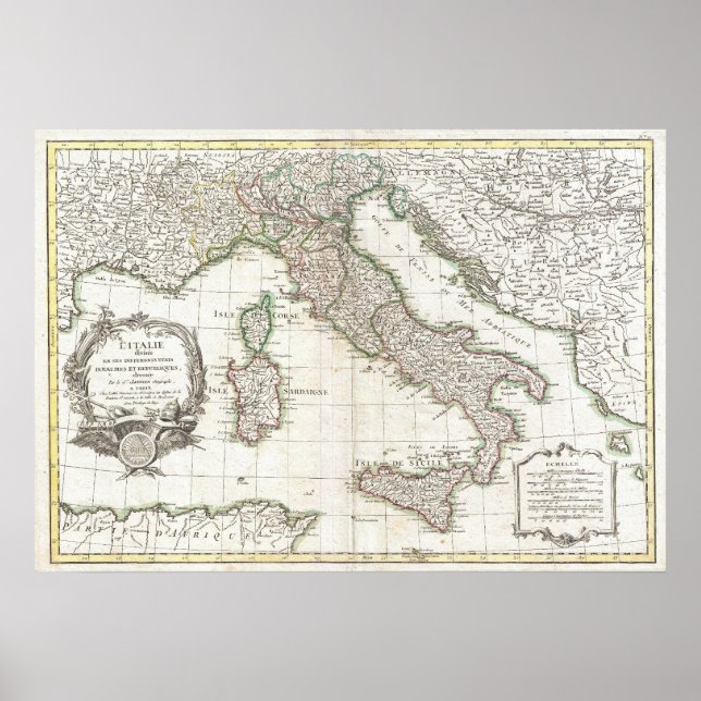 Póster Mapa de época de Italia (1770) (Frente)