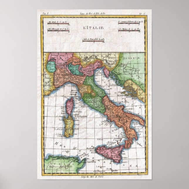 Póster Mapa de época de Italia (1780) (Frente)