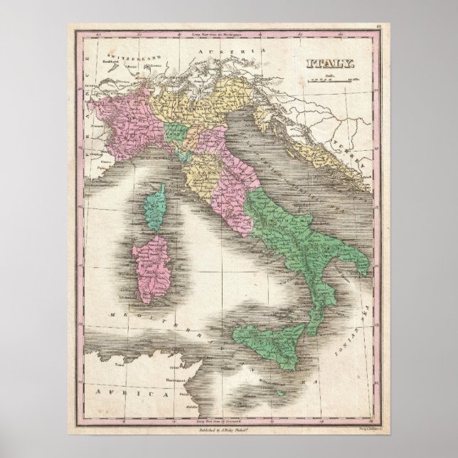 Póster Mapa de época de Italia (1827) (Frente)