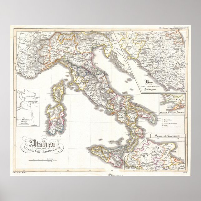 Póster Mapa de época de Italia (1850) (Frente)