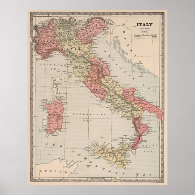 Póster Mapa de época de Italia (1883) (Frente)