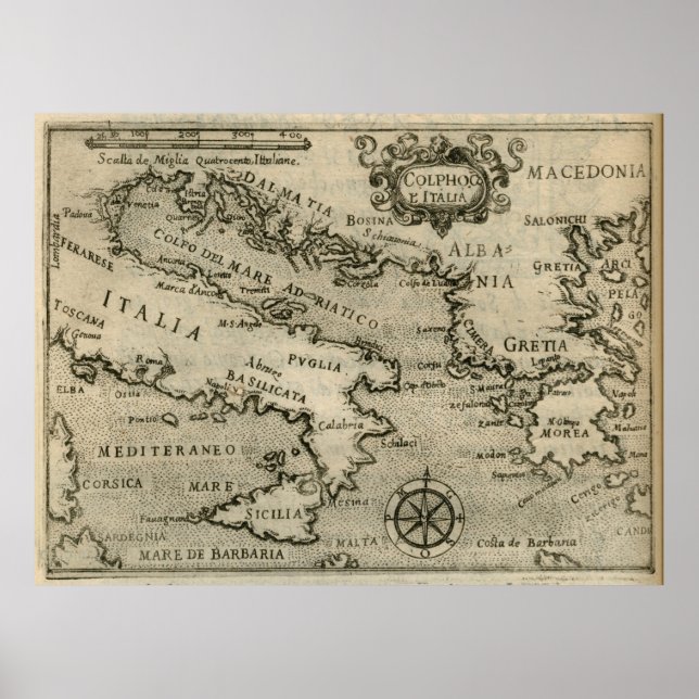 Póster Mapa de época de Italia y Grecia (1587) (Frente)