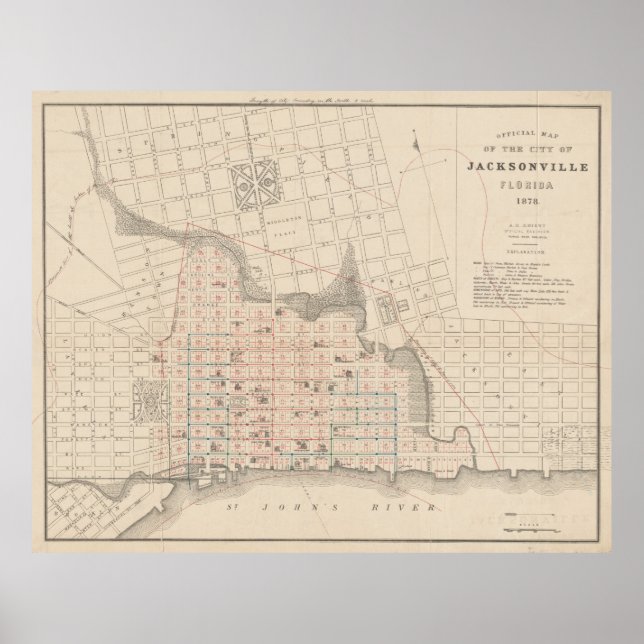 Póster Mapa de época de Jacksonville FL (1878) (Frente)