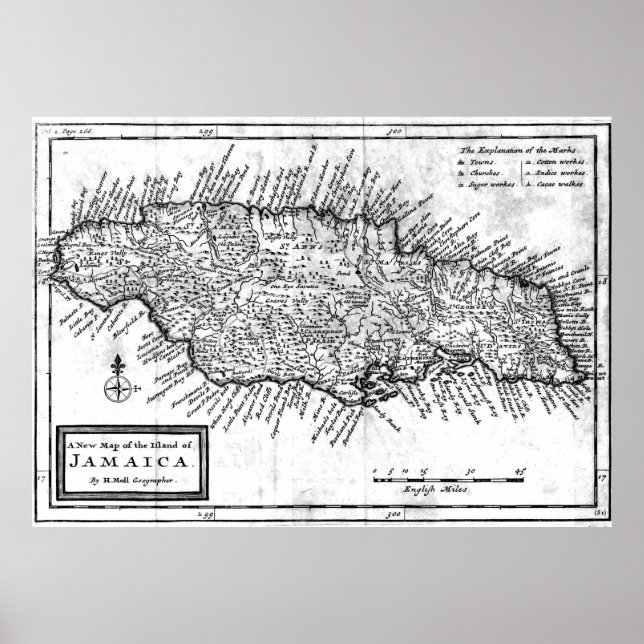 Póster Mapa de época de Jamaica (1771) BW (Frente)