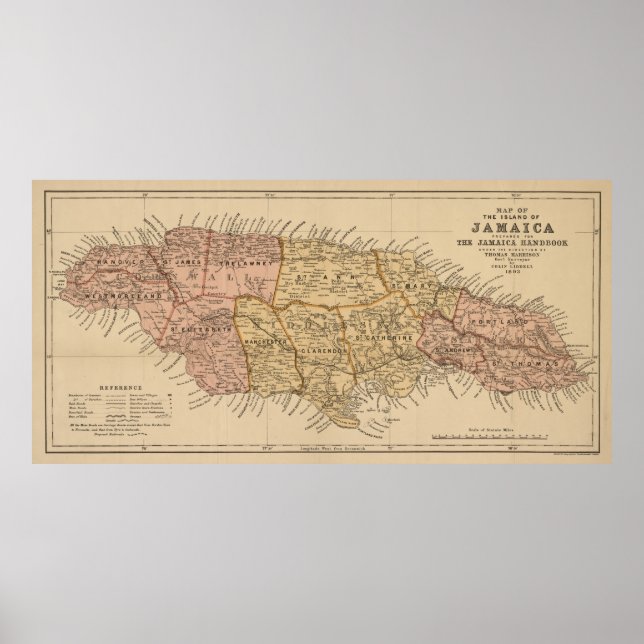 Póster Mapa de época de Jamaica (1893) (Frente)