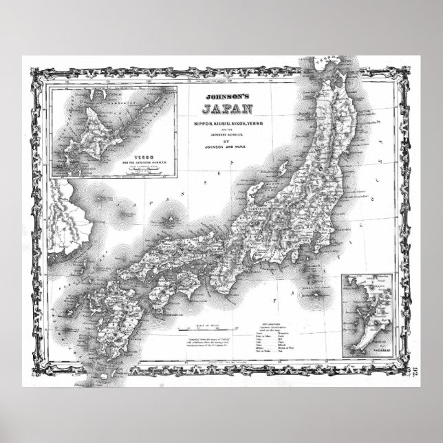 Póster Mapa de época de Japón (1855) BW (Frente)