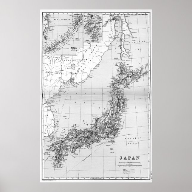 Póster Mapa de época de Japón (1892) BW (Frente)
