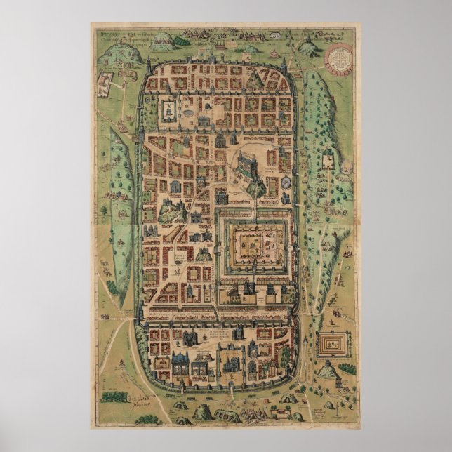 Póster Mapa de época de Jerusalén Israel (1584) (Frente)