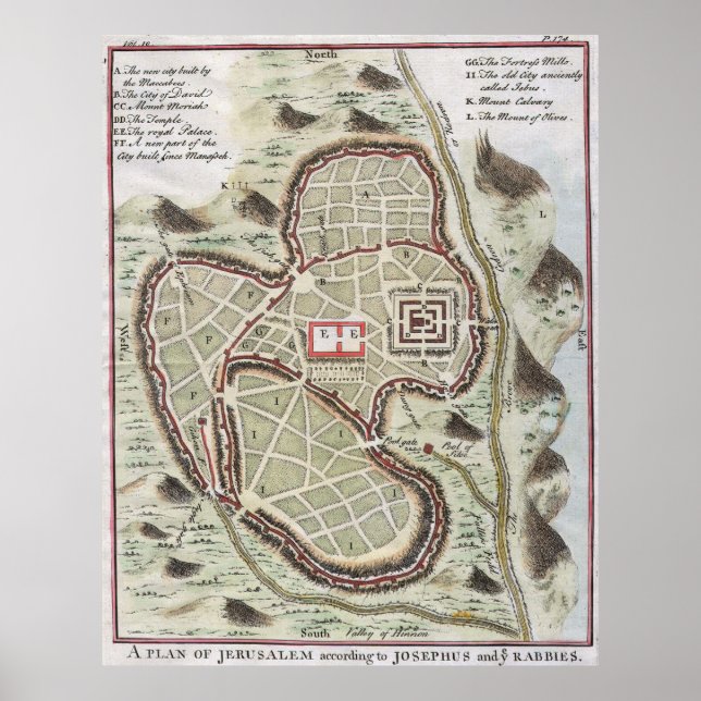 Póster Mapa de época de Jerusalén Israel (1730) (Frente)