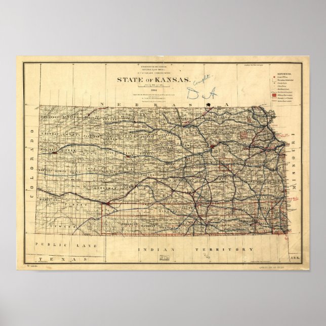 Póster Mapa de época de Kansas (1884) (Frente)
