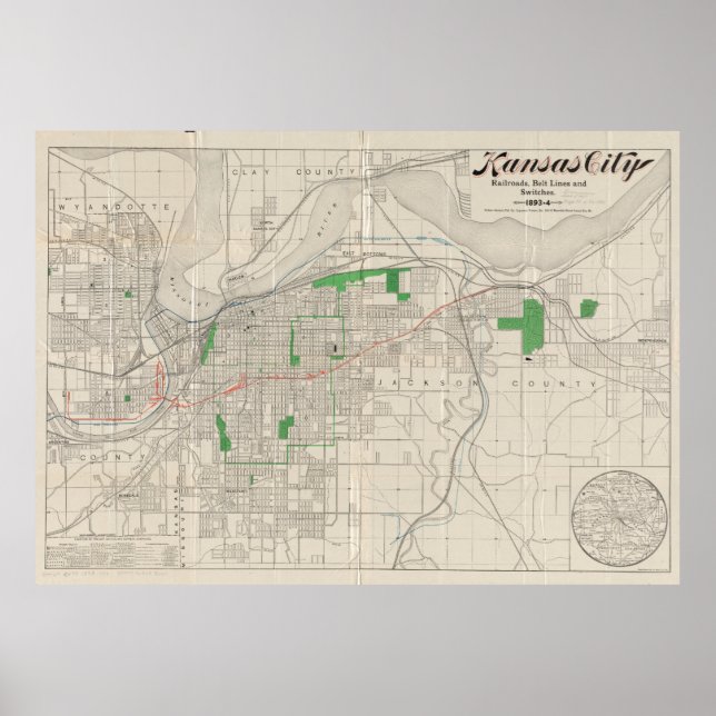 Póster Mapa de época de Kansas City (1893) (Frente)